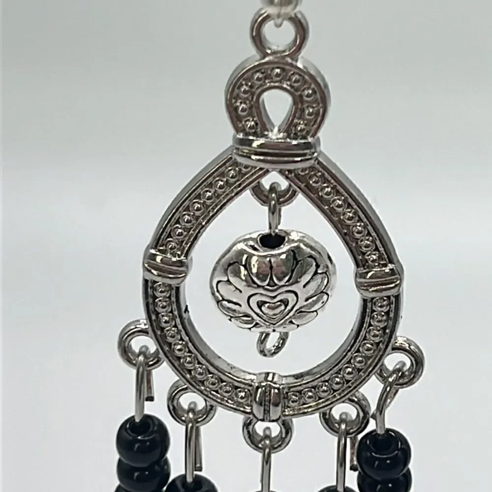 Silver-tone Homemade Dangling Chandelier Earrings with Black Beads